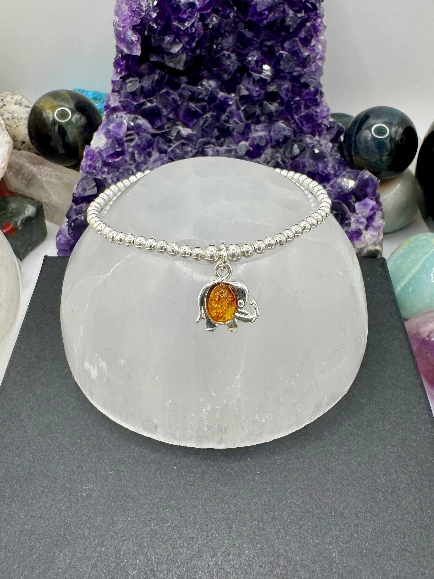 STERLING SILVER ELEPHANT WITH AMBER BRACELET
