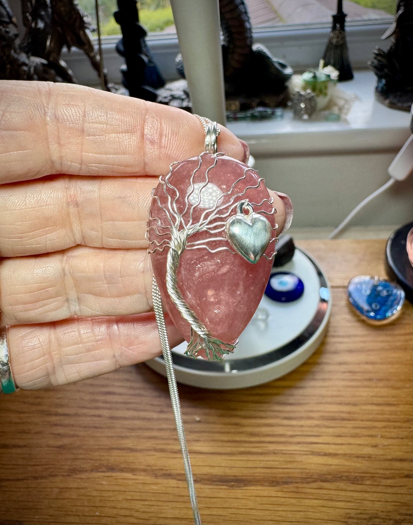 MADAGASCAN ROSE QUARTZ TREE OF LIFE NECKLACE WITH HEART CHARM