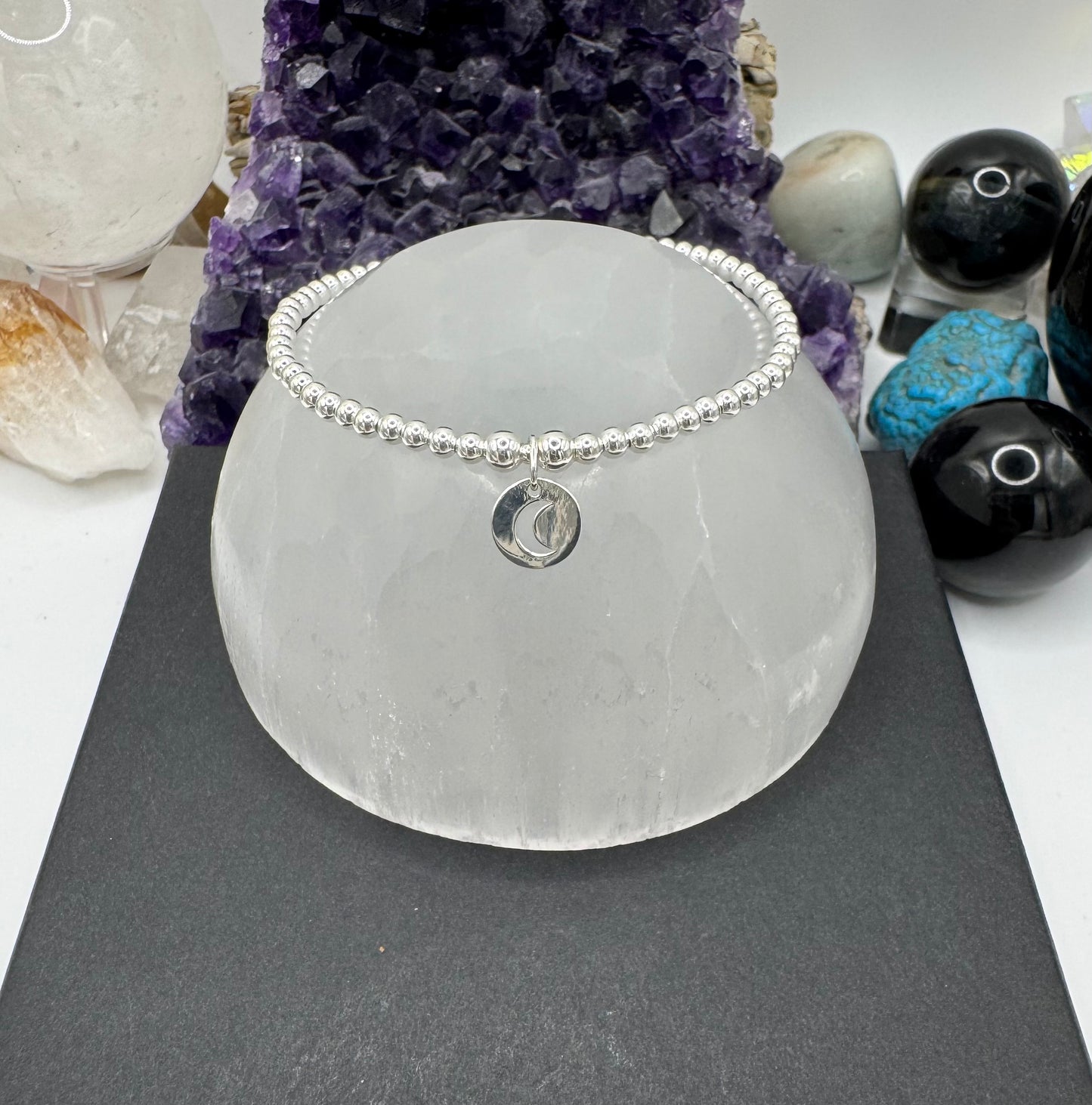 STERLING SILVER CRESCENT MOON DISC BRACELET