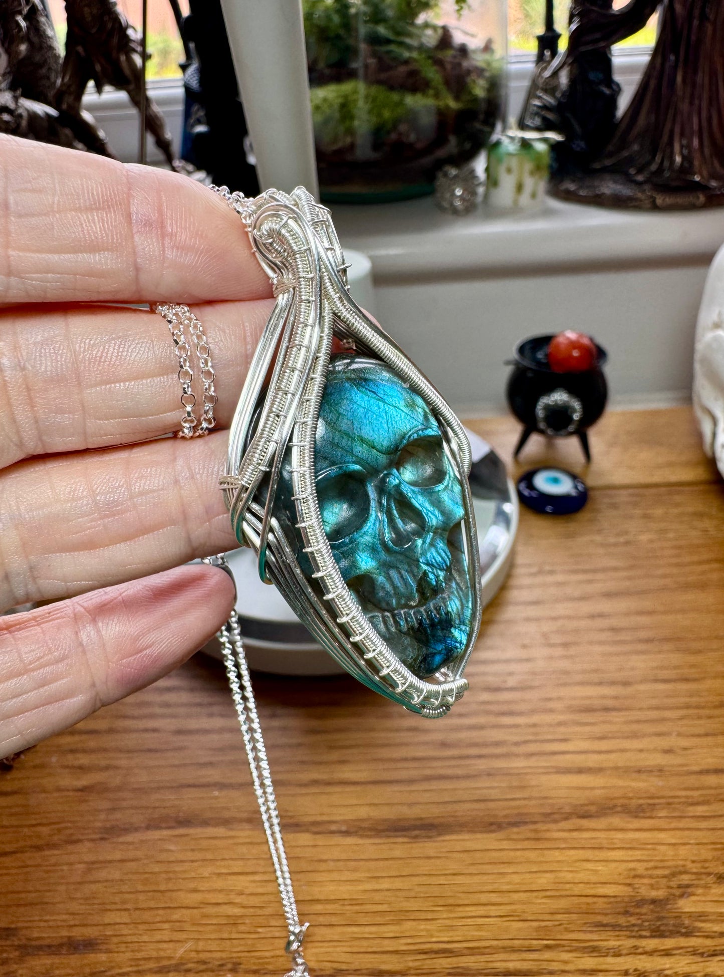 CARVED LABRADORITE SKULL NECKLACE