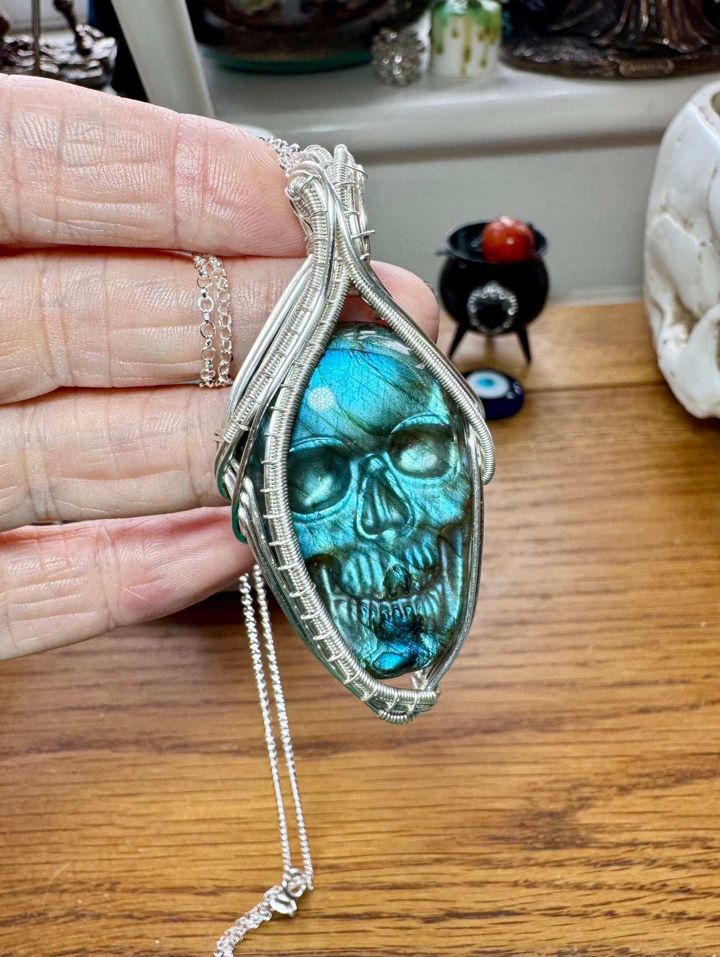CARVED LABRADORITE SKULL NECKLACE
