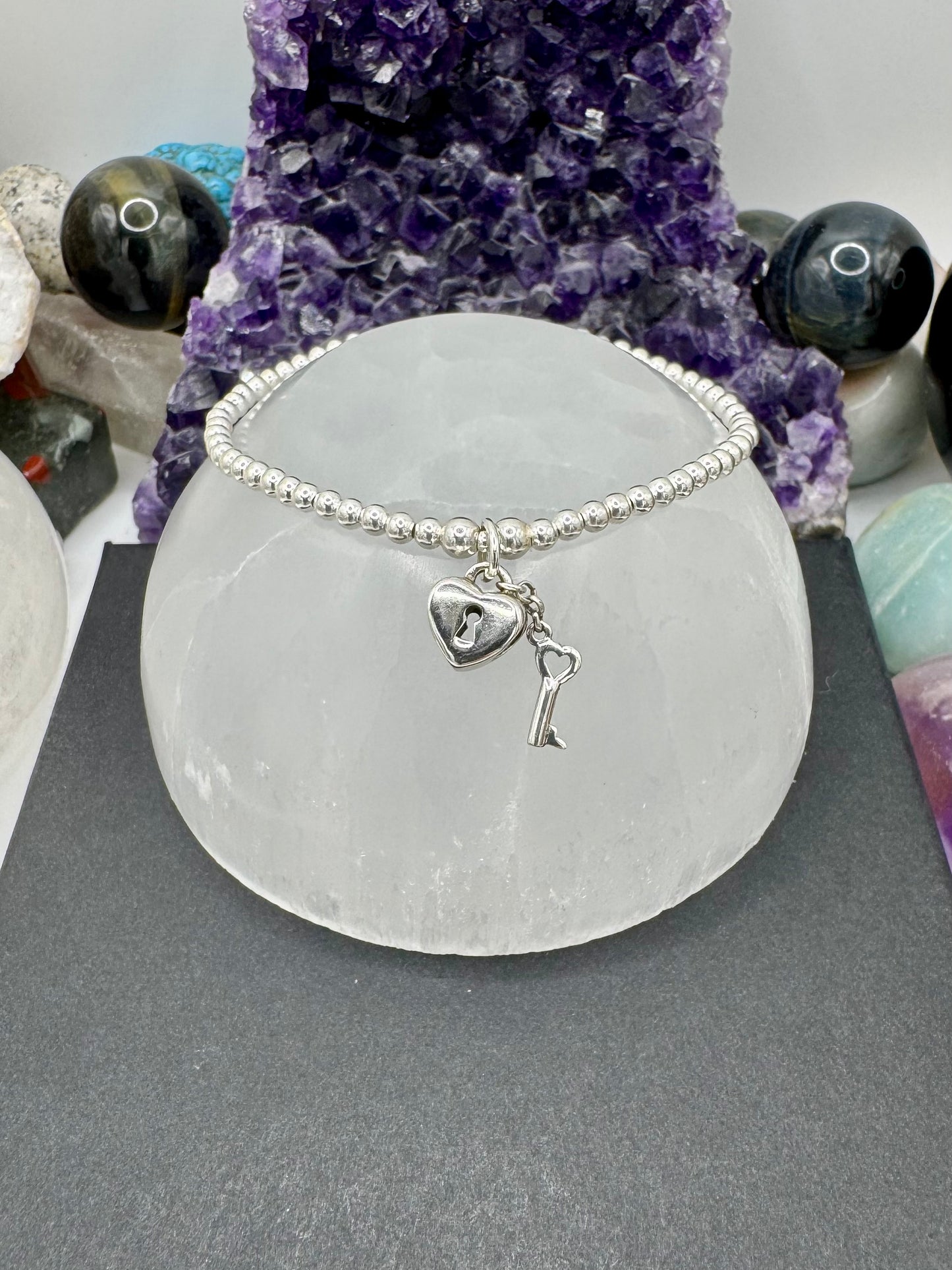 STERLING SILVER HEART LOCK & KEY BRACELET