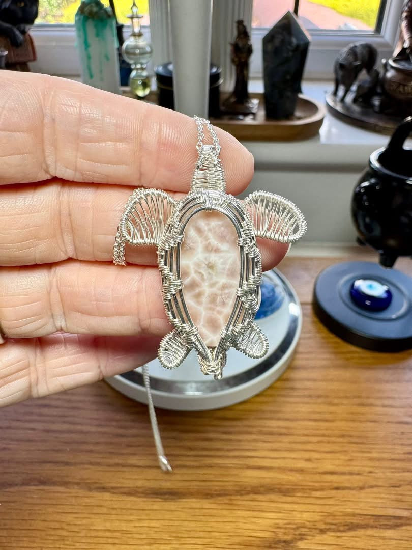NATROLITE TURTLE NECKLACE (AKA PINK LARIMAR)