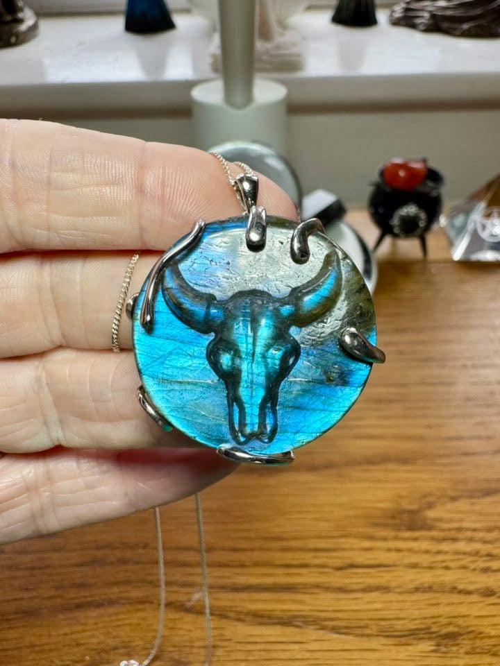 CARVED LABRADORITE OX SKULL