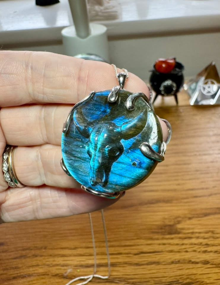 CARVED LABRADORITE OX SKULL
