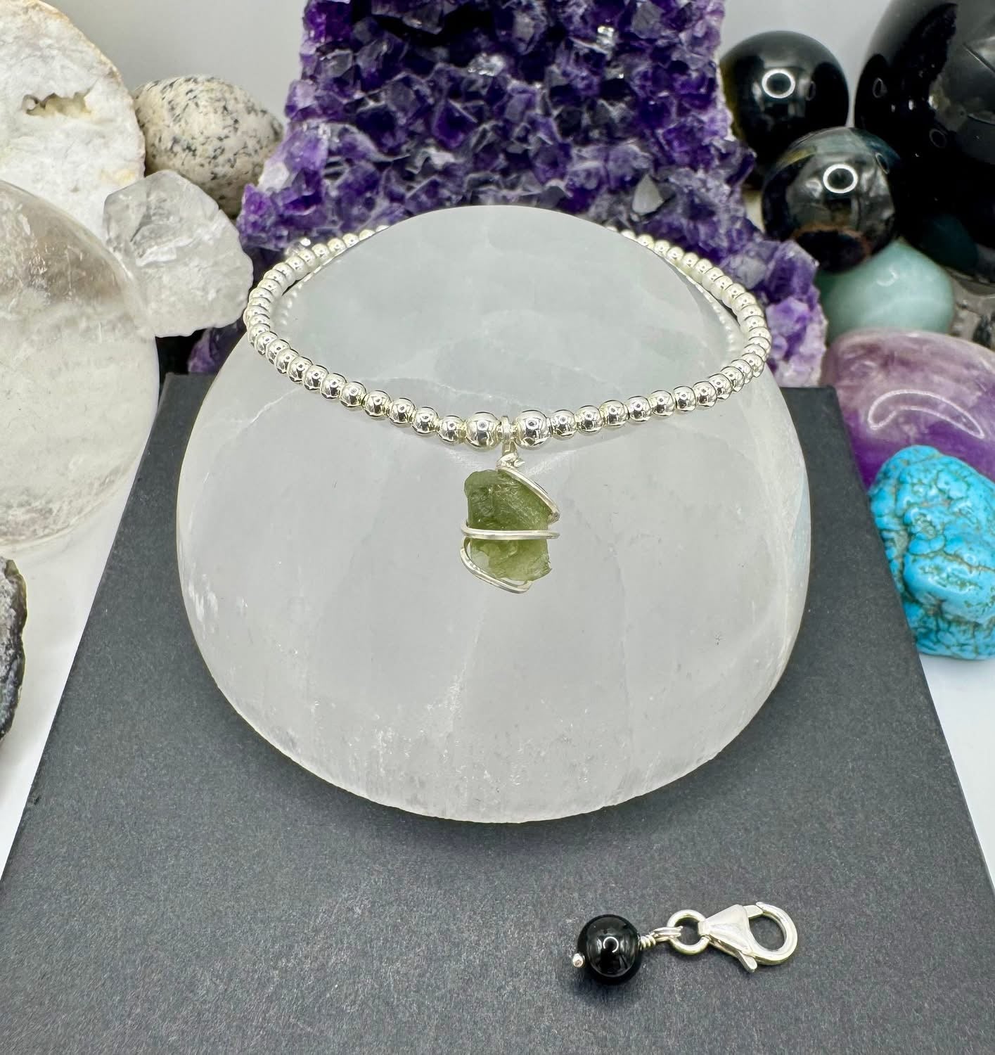 MOLDAVITE AND STERLING SILVER BRACELET WITH FREE BLACK TOURMALINE DROP CHARM