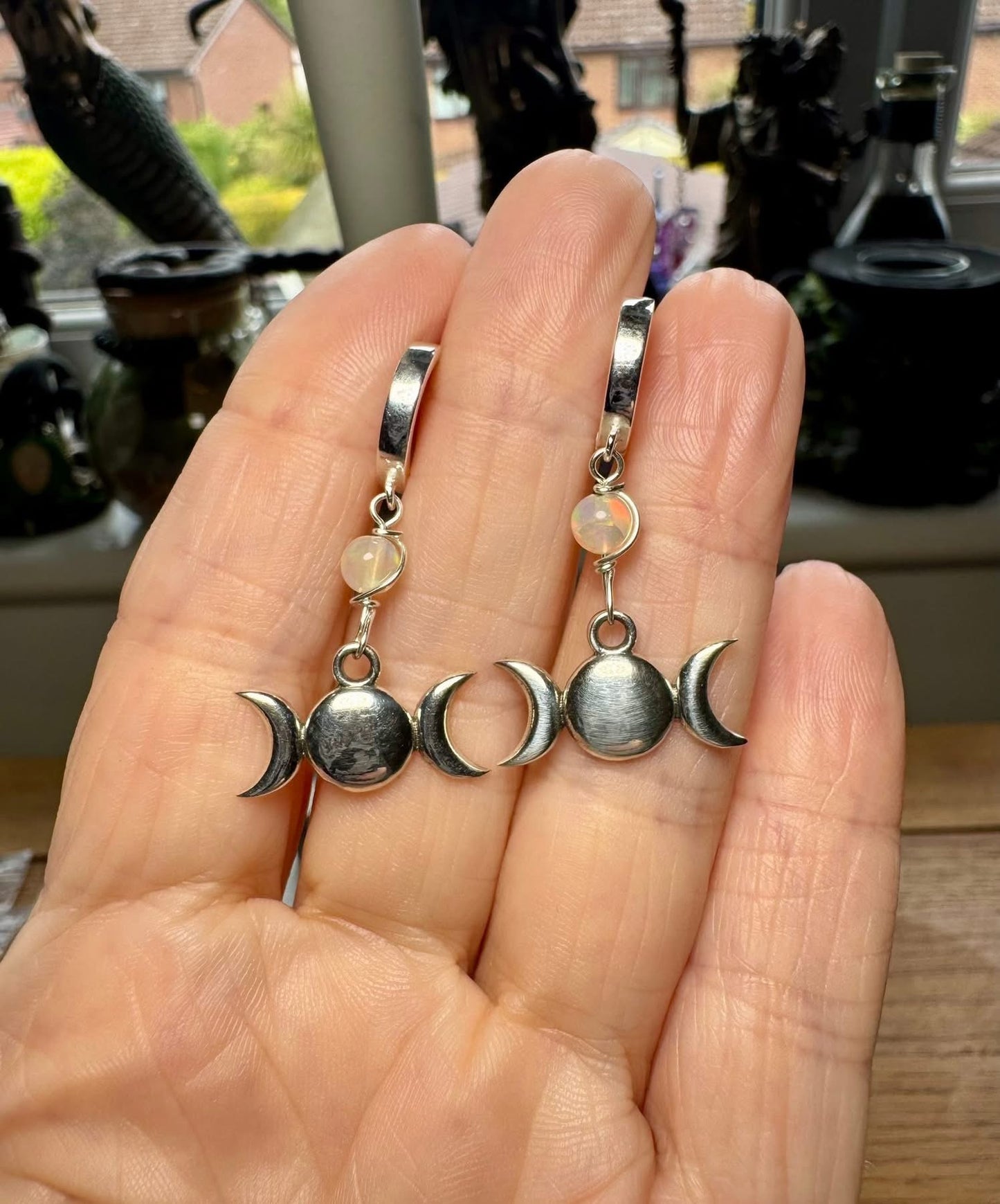 STERLING SILVER WELO OPAL TRIPLE MOON EARRINGS