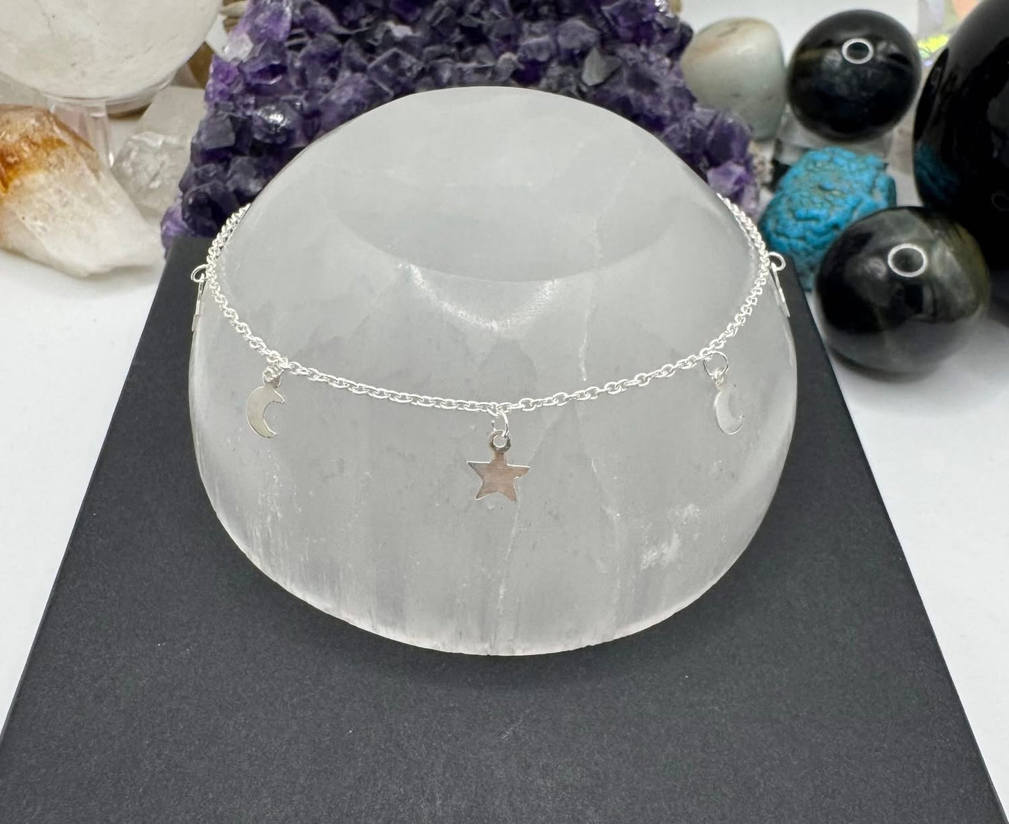 STERLING SILVER ANKLET WITH MOON AND STARS CHARMS