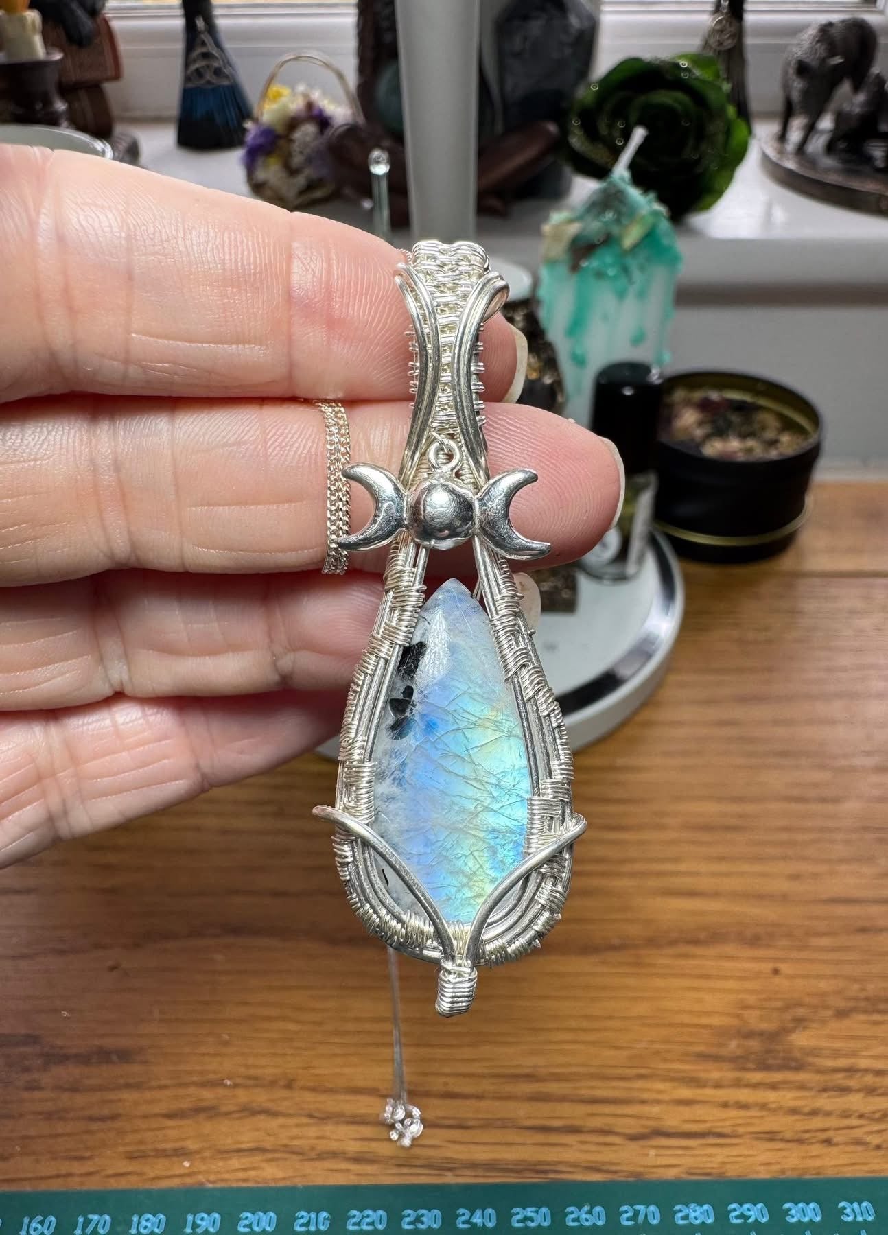 TOURMALINE IN RAINBOW MOONSTONE SILVER NECKLACE WITH TRIPLE MOON