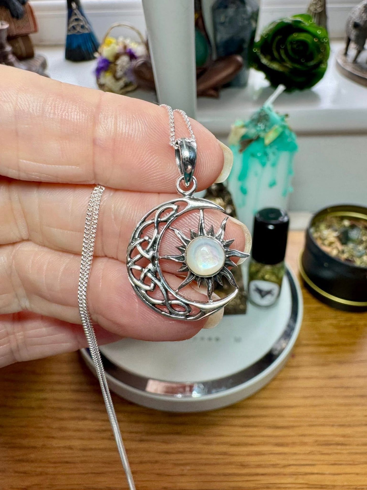 STERLING SILVER CRESCENT MOON AND SUN NECKLACE WITH MOTHER OF PEARL