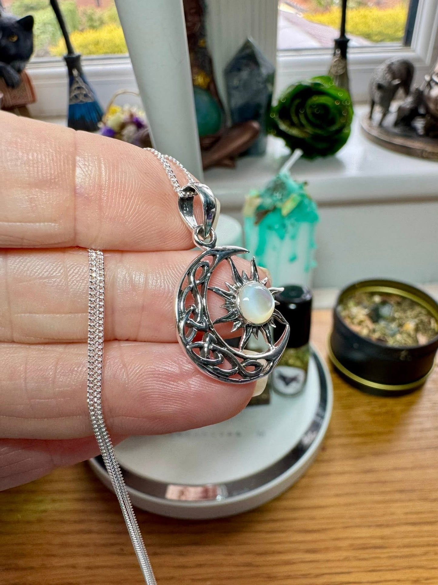 STERLING SILVER CRESCENT MOON AND SUN NECKLACE WITH MOTHER OF PEARL