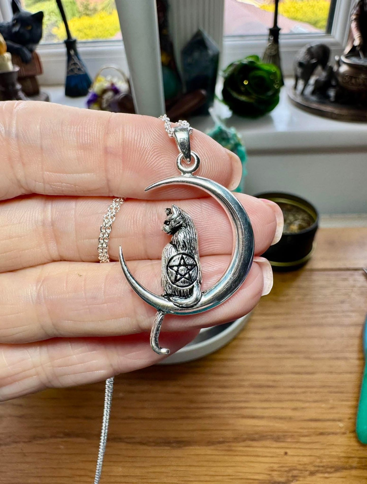 STERLING SILVER WITCHES CAT IN CRESCENT MOON