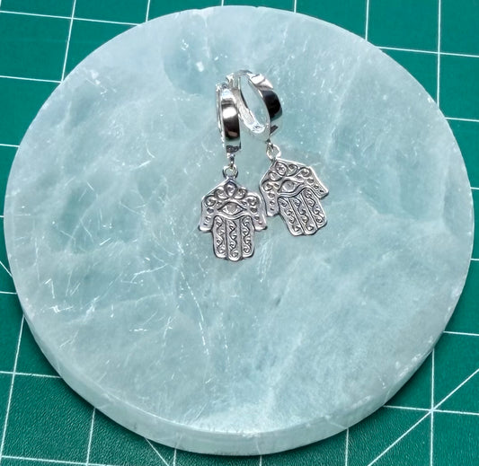 STERLING SILVER HUGGIE EARRINGS WITH HAMSA HANDS