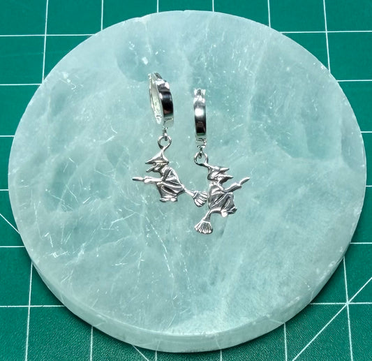 STERLING SILVER WITCH ON A BROOMSTICK HUGGIE EARRINGS