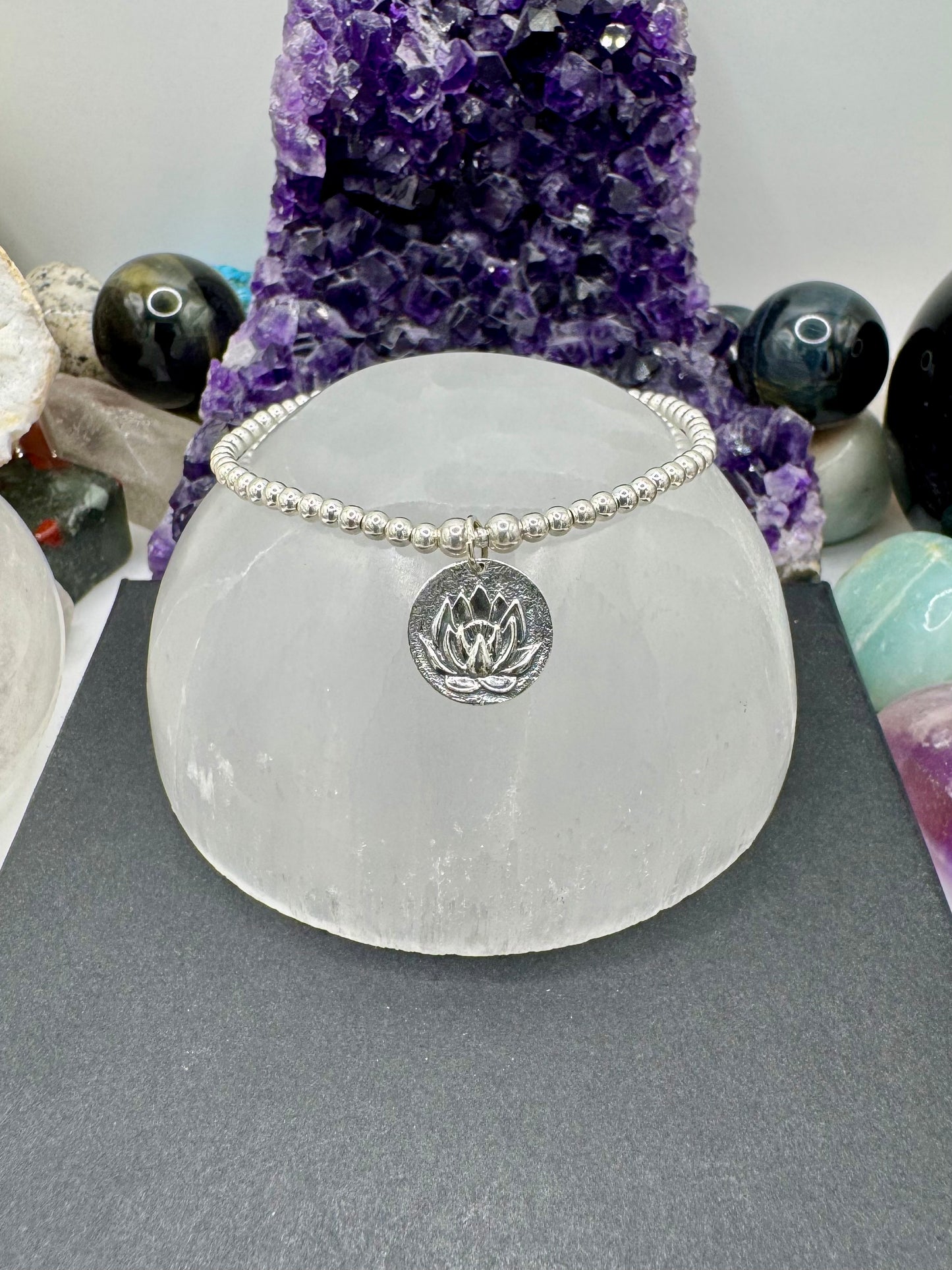 STERLING SILVER LOTUS FLOWER DISC BRACELET