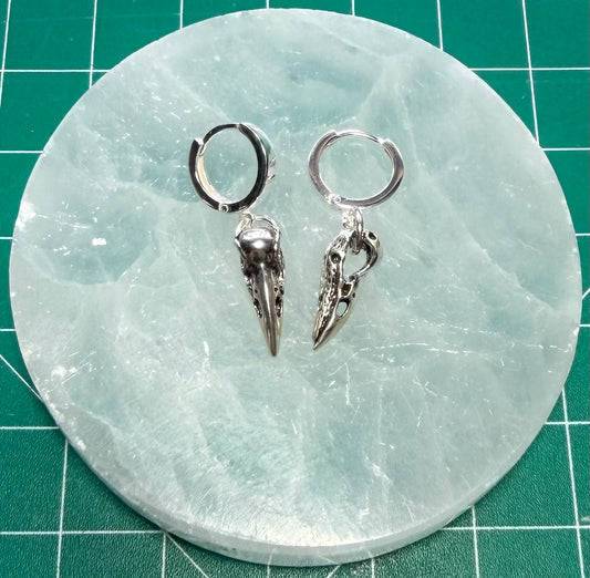 STERLING SILVER RAVEN SKULL HUGGIE EARRINGS