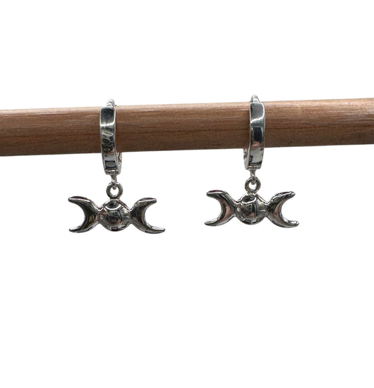 STERLING SILVER HUGGIE EARRINGS WITH TRIPLE MOON CHARMS