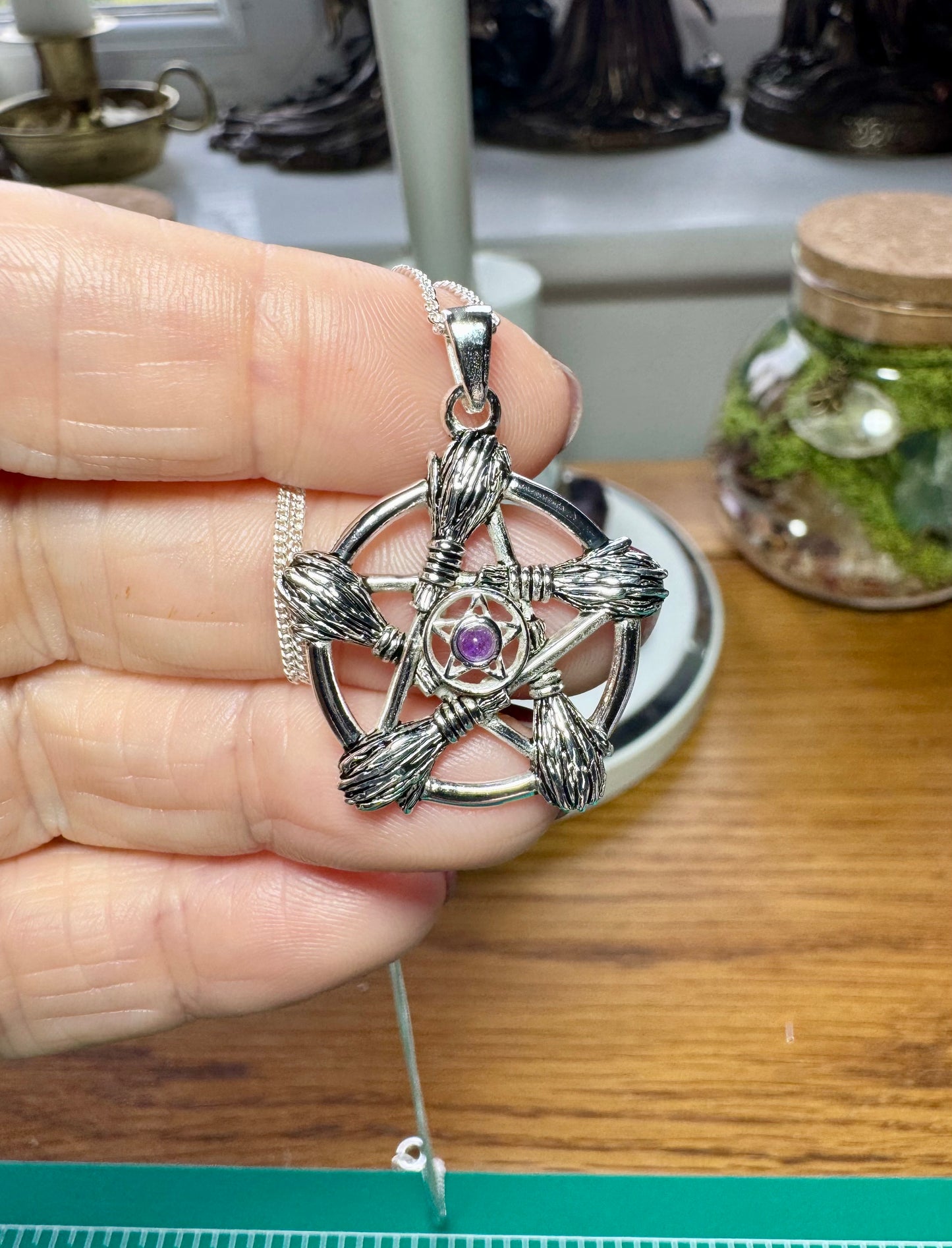 STERLING SILVER BESSOM PENTACLE NECKLACE WITH AMETHYST