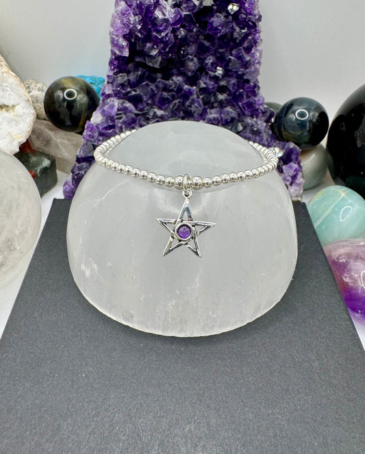 STERLING SILVER AND AMETHYST PENTAGRAM BRACELET