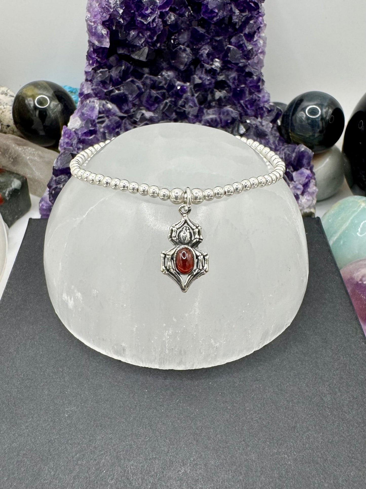 STERLING SILVER LARGE SPIDER BRACELET WITH GARNET