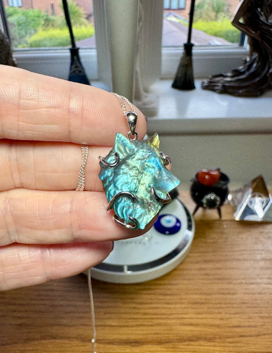 CARVED LABRADORITE WOLF HEAD