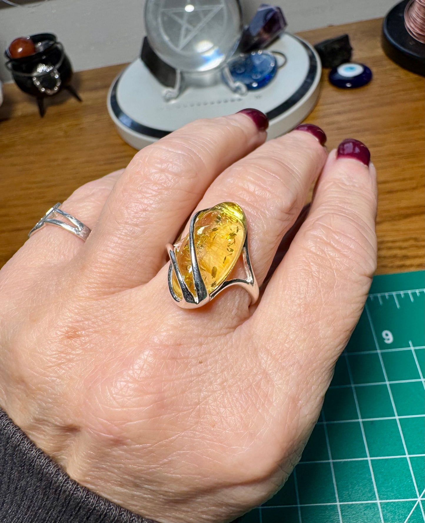 HONEY AMBER AND STERLING SILVER ADJUSTABLE RING