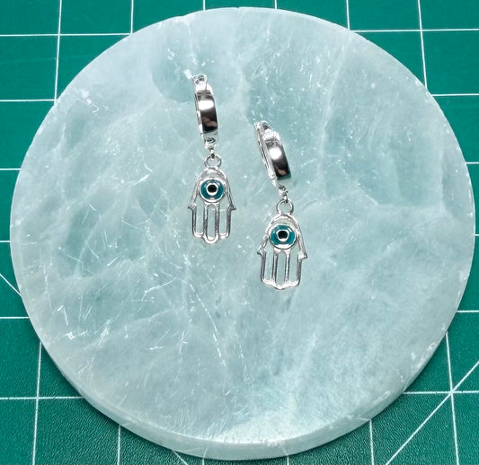 STERLING SILVER HAMSA HAND WITH PROTECTIVE EYE HUGGIE EARRINGS