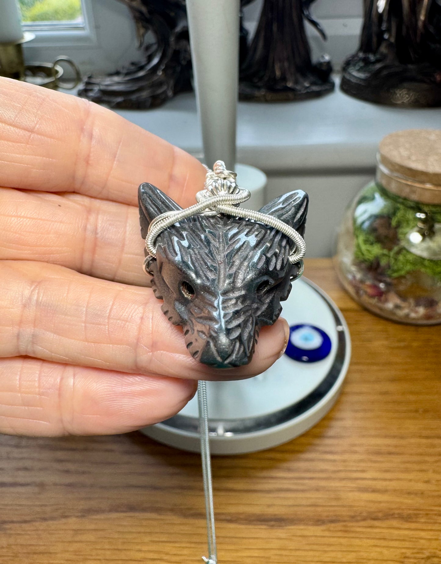 SILVER PYRITE WOLF HEAD NECKLACE