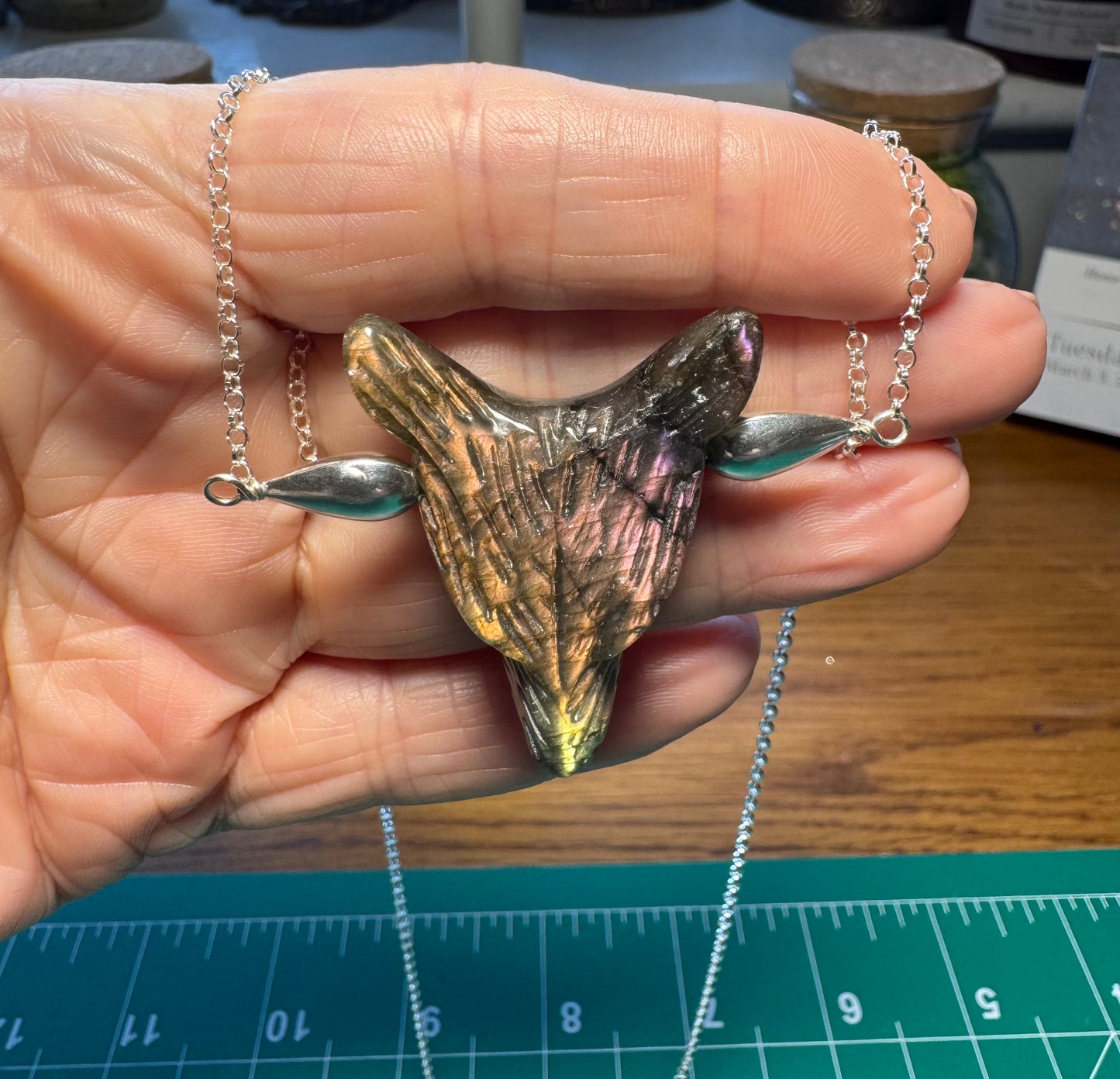 FLASHY LABRADORITE WOLF HEAD NECKLACE WITH PURPLE!!!