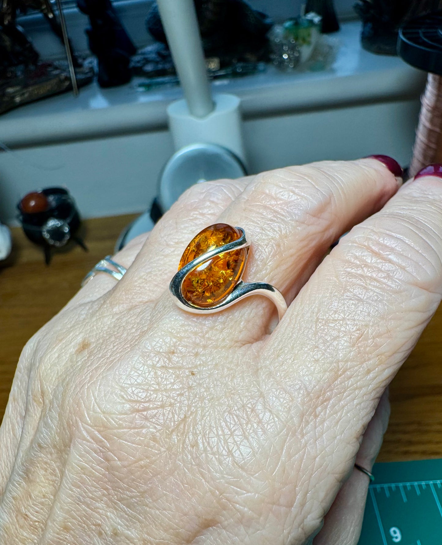 COGNAC AMBER AND STERLING SILVER ADJUSTABLE RING