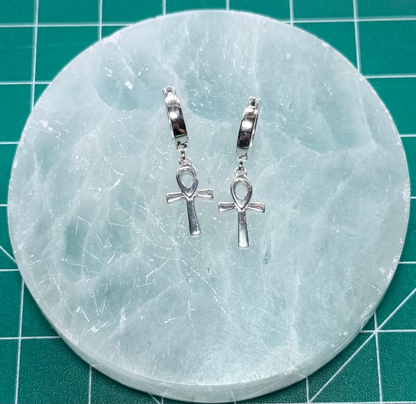 STERLING SILVER ANKH HUGGIE EARRINGS
