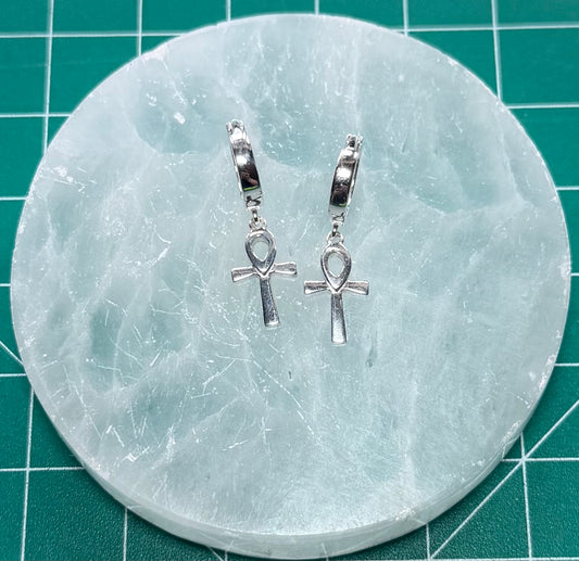 STERLING SILVER ANKH HUGGIE EARRINGS