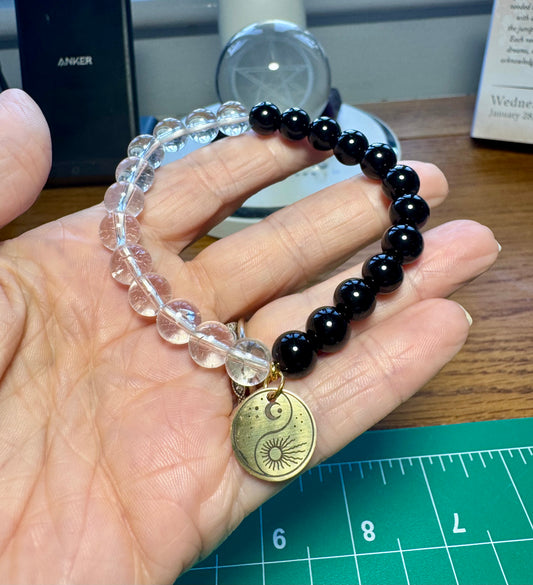 YIN YANG OBSIDIAN AND CLEAR QUARTZ BRACELET