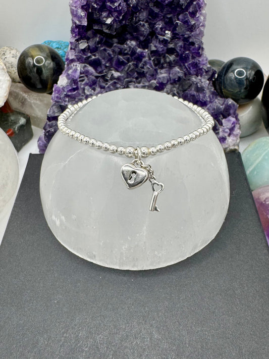STERLING SILVER HEART LOCK & KEY BRACELET