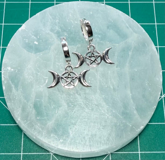 STERLING SILVER TRIPLE MOON PENTACLE HUGGIE EARRINGS