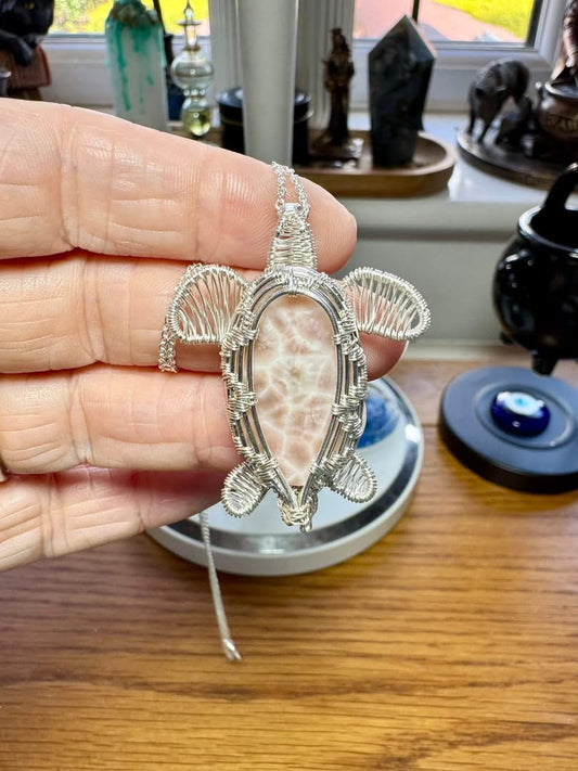 NATROLITE TURTLE NECKLACE (AKA PINK LARIMAR)