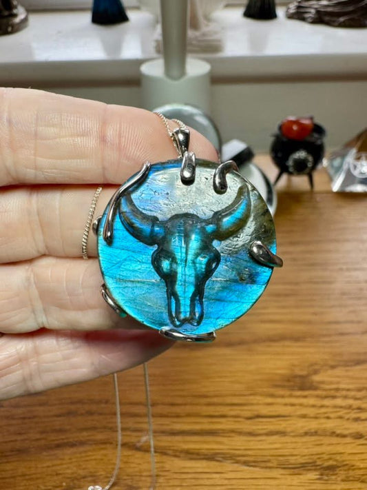 CARVED LABRADORITE OX SKULL