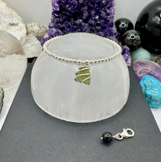 MOLDAVITE AND STERLING SILVER BRACELET WITH FREE BLACK TOURMALINE DROP CHARM