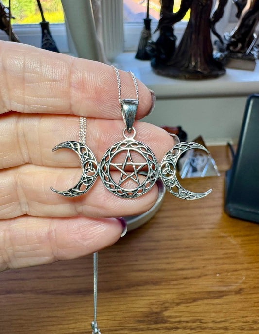 STERLING SILVER TRIPLE MOON PENTACLE NECKLACE