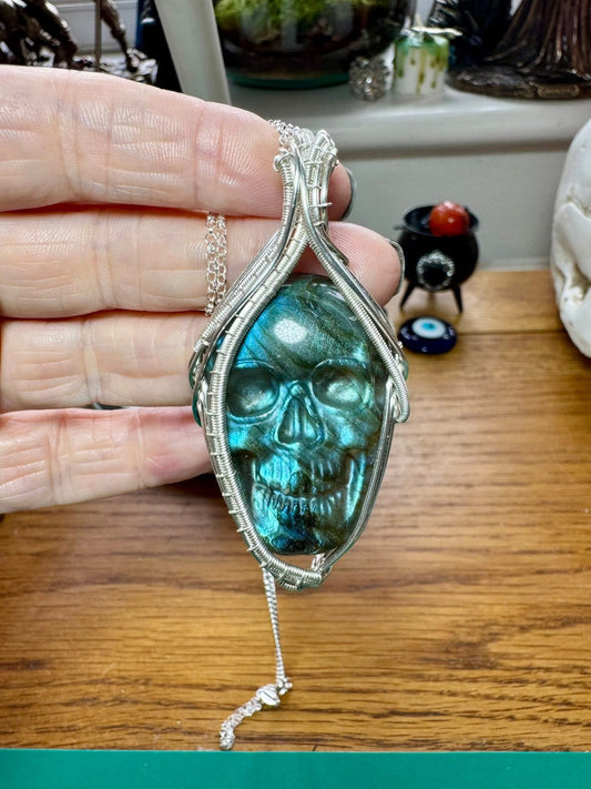 CARVED LABRADORITE SKULL NECKLACE