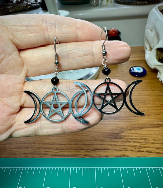 STAINLESS STEEL TRIPLE MOON PENTACLE EARRINGS WITH BLACK TOURMALINE