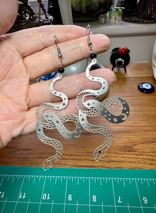 STAINLESS STEEL SNAKE EARRINGS WITH BLACK TOURMALINE