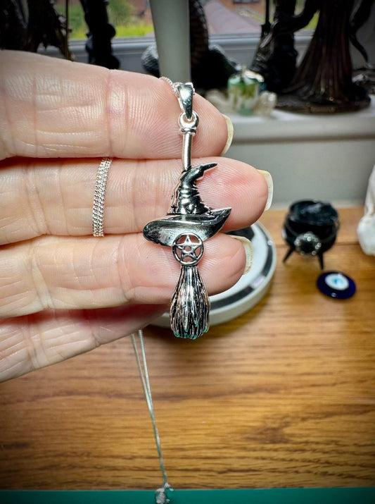 WITCH HAT ON BESSOM NECKLACE
