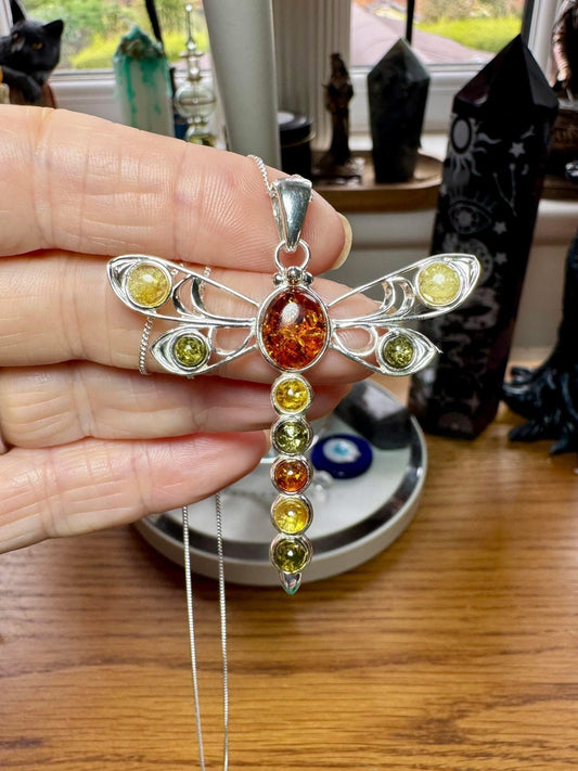 MIXED COLOURED AMBER AND STERLING SILVER DRAGONFLY NECKLACE