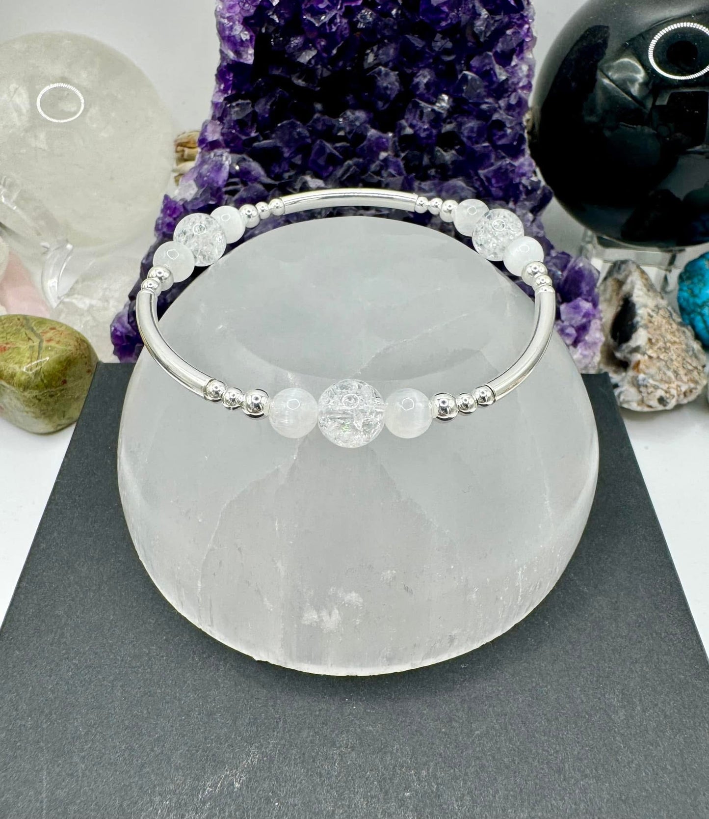 STERLING SILVER CRACKLED QUARTZ AND SELENITE BRACELET