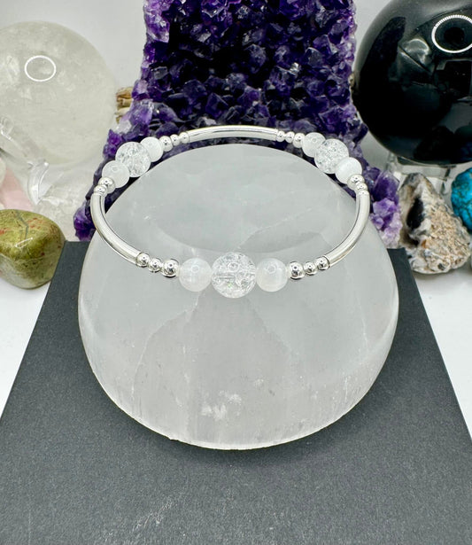 STERLING SILVER CRACKLED QUARTZ AND SELENITE BRACELET