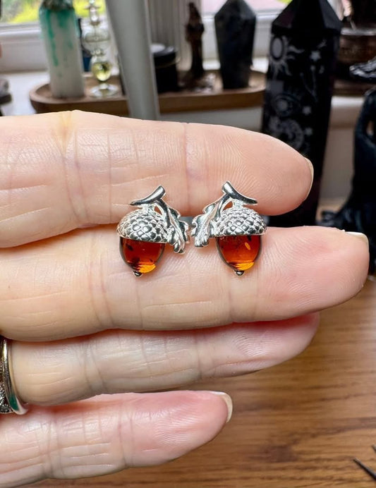 AMBER AND STERLING SILVER ACORN STUD EARRINGS