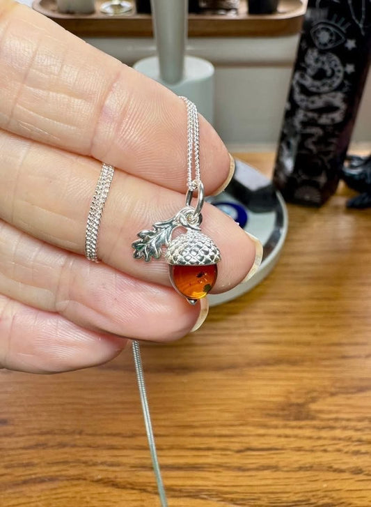 AMBER ACORN STERLING SILVER NECKLACE