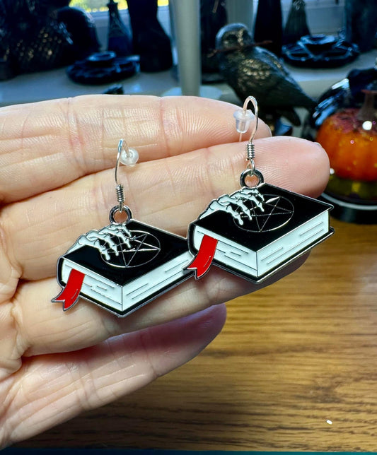 BOOK OF SHADOWS AND SKELETON HAND EARRINGS