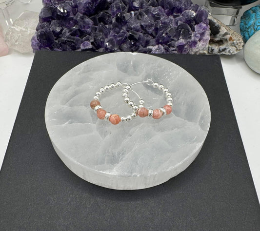 STERLING SILVER AND RHODOCHROSITE BEADED HOOP EARRINGS